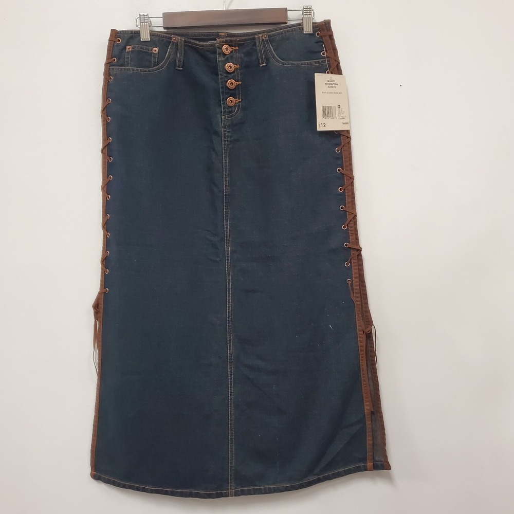 Vtg Y2K 90s Denim Lace Up Skirt Size 12 Country Cowgirl Boho Midi Dark Wash